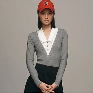 Pilcro Gray Sweater with White Buttoned Collar